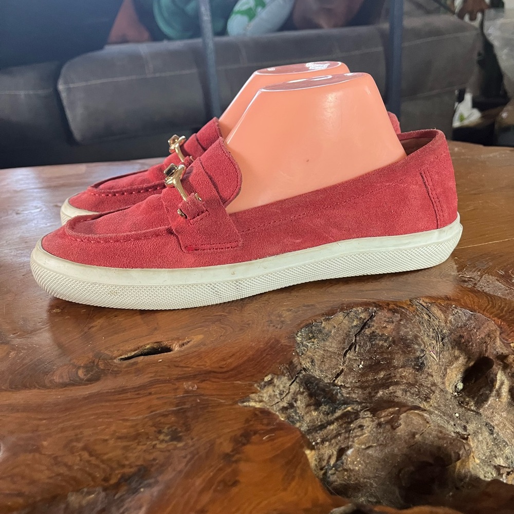 Coach “Corey” Red Suede Loafers Size 8.5 Gold Hardware White Rubber Sole - Picture 3 of 9